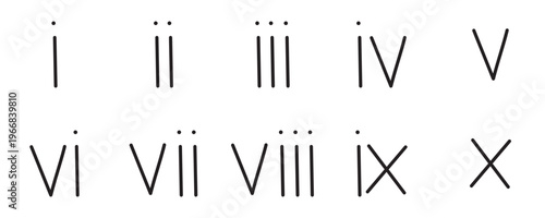 Handwritten Roman Numerals Set from 1 to 10 Vector Icons in Doodle Style for Numbers, Education and 
Typography Design