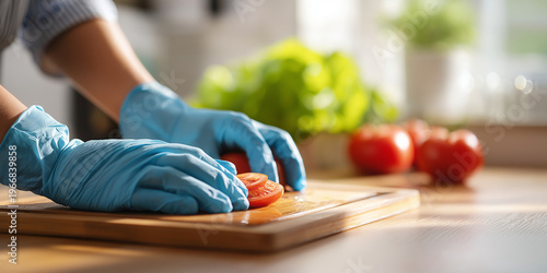 Person slicing tomatoes with gloves