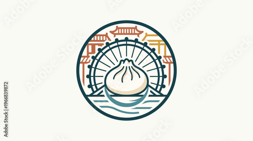 Modern Icon of a Dumpling with Ferris Wheel and Pagoda