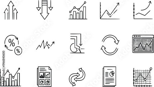 Economic indicators and financial concepts illustrated in line art style for business and market analysis use
