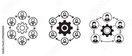 Modern Business Process and Team Collaboration Icon Set with Central Gear and Connected User Network.