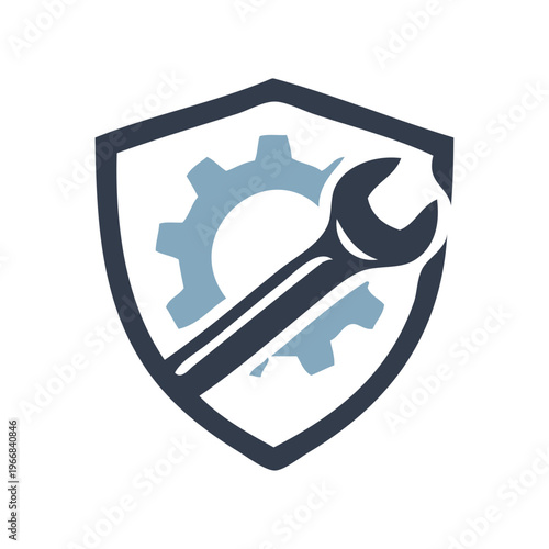 Logotipo configuración. Dibujo con líneas de una llave inglesa con un engranaje en el interior de un escudo 