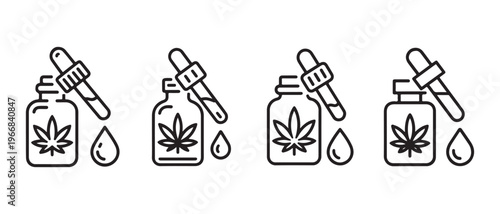 CBD Oil Dropper Bottle and Cannabis Leaf Outline Icons Set for Medical and Wellness Products.