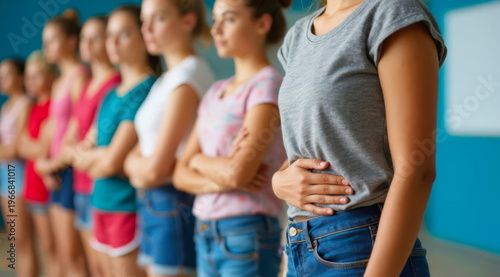 A girl in gym class holds her stomach in pain as she stands in a line with other students.
