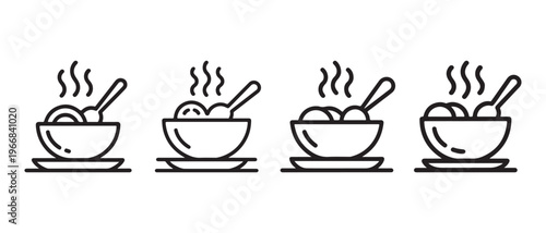 Minimalist Line Art Icons of Steaming Hot Food in Bowls with Spoons, Vector Illustration.