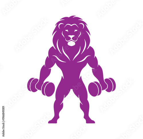Purple lion with muscular body holding dumbbells in both hands for fitness and exercise