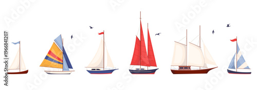 Collection of hand drawn style sailboats and yachts. Flat vector illustrations Nautical set with different sailing boats isolated for marine design, summer prints, travel themes, stickers and branding