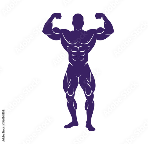 Purple silhouette of a muscular man flexing his arms and showing his muscles in a powerful pose