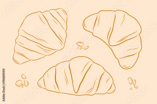 Hand drawn french croissant line set. Doodle vector isolated illustration