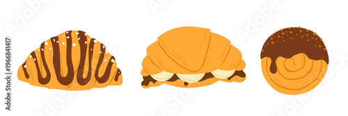 Chocolate croissant set. Croissant and round cromboloni with chocolate glaze. Sandwich with chocolate and banana. Flat vector illustration isolated on white background