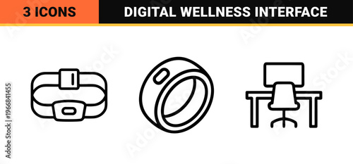 Ultra-Minimalist Monoline Smartwatch Interface and Health Monitoring Symbols for Wearable Tech App Design and Fitness Tracking UI Elements.