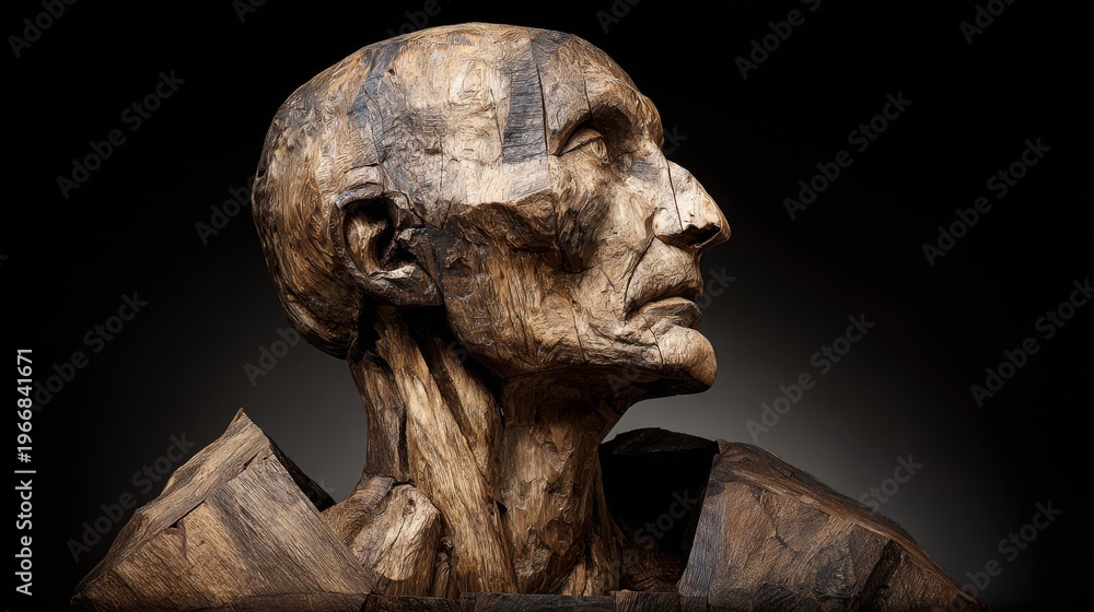Obraz premium Anatomically Correct Wooden Sculpture of an Aged Human Head and Bust