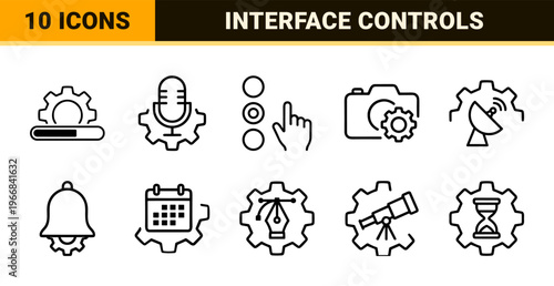 System Settings and Interface Configuration Outline Icon Set, Ultra-Minimalist Monoline Engineering Geometric Line Art for Digital UX Design.