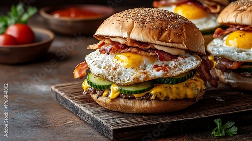 Gourmet breakfast burger with fried egg and crispy bacon on a rustic wooden board in a warm moody kitchen setting with fresh vegetables and savory melted cheese