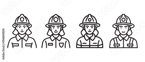 Set of diverse female firefighter icons with protective helmets and uniforms, simple line art.