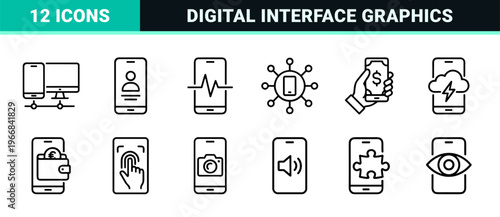 Smartphone Interface and Mobile App Connectivity Symbols featuring Ultra-minimalist Monoline Aesthetic for Professional UI and UX Design Projects