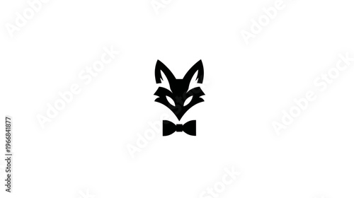 Sleek black fox head silhouette with a sophisticated bow tie. Minimalist graphic design element, elegant animal icon.