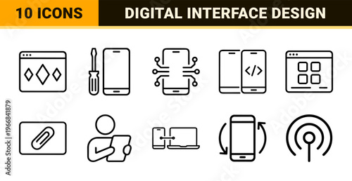 Mobile Technology Interface and Smartphone Diagnostics Outline Icons featuring Ultra-minimalist Geometric Line Art for Digital App Design