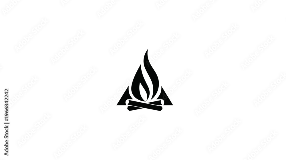 Fototapeta premium Stylized campfire icon with flame and logs in a modern geometric triangular shape. Minimal black and white design for outdoor adventure.