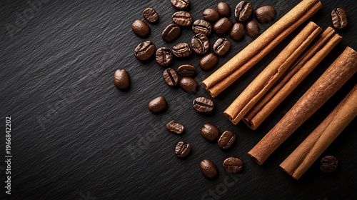 Aromatic cinnamon sticks and roasted coffee beans arranged elegantly on a dark textured slate background for culinary concept and gourmet coffee house branding