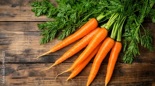 Fresh raw carrots with vibrant green tops arranged on a rustic dark wooden table surface providing a natural organic food background for healthy cooking concepts