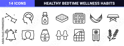 Sleep Wellness and Nocturnal Rest Line Art: Ultra-minimalist monoline icons for healthy sleep habits, bedding, and bedtime routines.