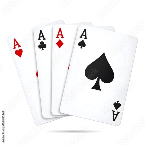 Four playing cards showing the aces of different suits, isolated on white