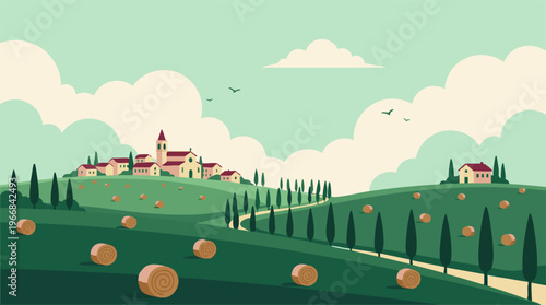 Tuscan Countryside Flat Illustration with Village, Hills, and Hay Bales