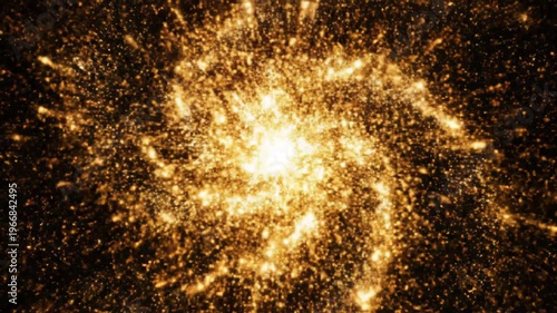 Dynamic cinematic animation of sparkling golden particles exploding and swirling in a cosmic spiral, representing celebration, luxury, and the birth of a star.