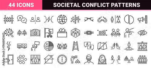 Social Polarization and Societal Division Linear UI Icons Featuring Ultra-Minimalist Monoline Aesthetic for Global Conflict and Public Opinion Concepts.