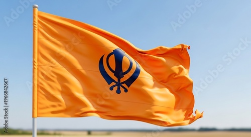 Sikh Flag Nishan Sahib Waving in Blue Sky
