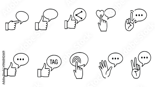 Social media icons for like, follow, share, love, comment, good, tag, click, hello, friend
