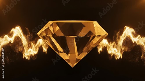 Stunning 3D animation of a sparkling golden diamond rotating against a backdrop of glowing energy waves and shimmering particles, representing luxury, wealth, and premium quality.