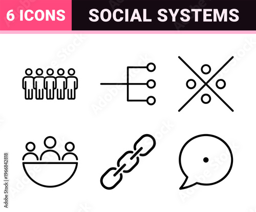 Sociology and Social Structure Geometric Line Art: Ultra-Minimalist Monoline Symbols for Global Community, Demographics, and Human Interaction.