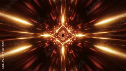 Dynamic cinematic flight through a kaleidoscopic wormhole with glowing orange and gold light streaks, representing high-speed data transmission, futuristic technology, and cosmic energy.