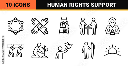 Ultra-Minimalist Monoline Social Community and Human Rights Outline Icons for Global Cooperation and Civil Society