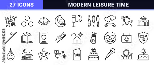 Sophisticated Social Events and Leisure Leisure Activity Outline Symbols Featuring Ultra-Minimalist Geometric Line Art for Modern Interface Design