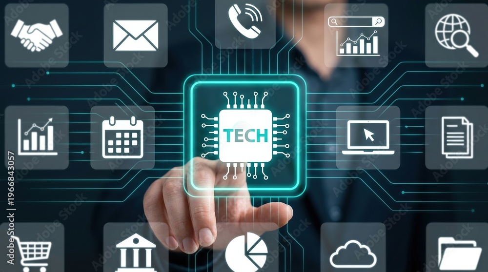 Obraz premium technology digital business connection network interface innovation featuring a professional hand touching a futuristic glowing microchip to manage global data systems and cloud.