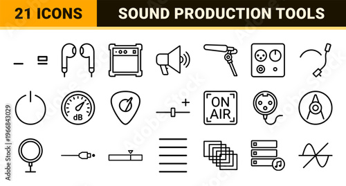 Professional Audio Equipment and Sound Production System Icons with Ultra-Minimalist Geometric Line Art for UI Design and Studio Workflows