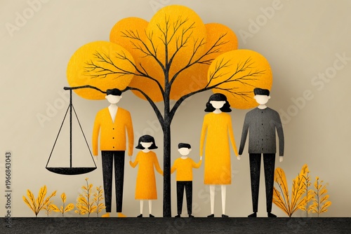 A symbolic illustration portraying family, justice, and human rights, with stylized figures and a prominent tree.