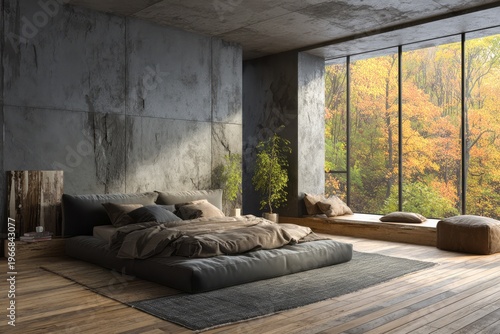 Modern bedroom with concrete walls and forest view in autumn.