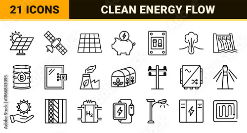 Solar Energy and Sustainable Power Infrastructure Ultra-Minimalist Monoline Geometric Line Art for Green Technology and Renewable Resources