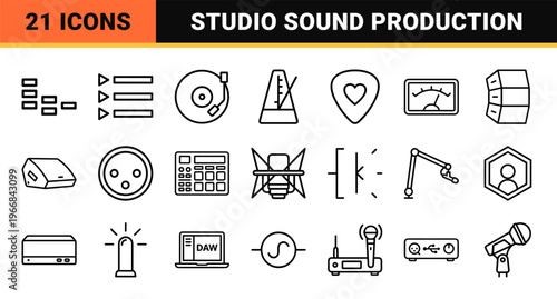 Professional Audio Equipment and Sound Engineering Ultra-Minimalist Monoline Icon Set for Studio Production and Music Technology