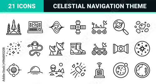Outer Space Exploration and Astronomy Ultra-Minimalist Monoline Icon Set Featuring Planets, Rockets, and Celestial Symbols for High-End UI.