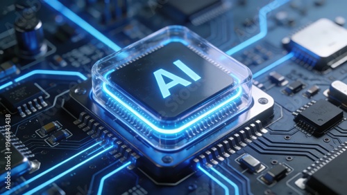 An AI chip placed on a glowing circuit board presents the core computing power and futuristic sense of artificial intelligence with technological light and shadow, making it a technological visual mat