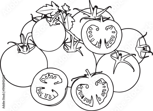 A vibrant illustration of ripe, fresh tomatoes, some whole and some sliced in half, showcasing their juicy interiors and leafy green stems, perfect for culinary and healthy living themes