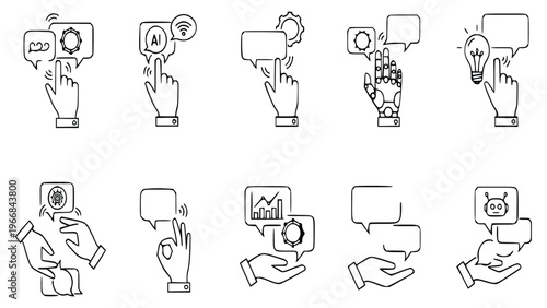 Various chatbot and AI assistant icons with hands interacting with speech bubbles and robots