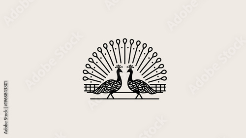 Elegant symmetrical line art illustration of two peacocks with fanned tails, minimalist design on a light background