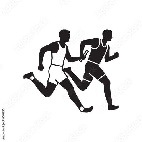  Silhouette Illustration of Two Athletes Executing a Smooth Track Relay Baton Pass. 