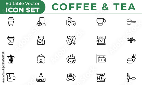 Pixel perfect Coffee and Tea Line icon set. Contains icons of a takeaway cup, tea bag, coffee beans, espresso machine, portafilter and more. Editable stroke. Vector illustration.